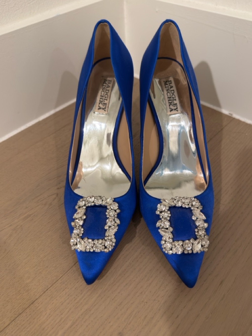 Badgley Mischka Cobalt Blue Satin Pointed Toe Crystal Buckle Pumps